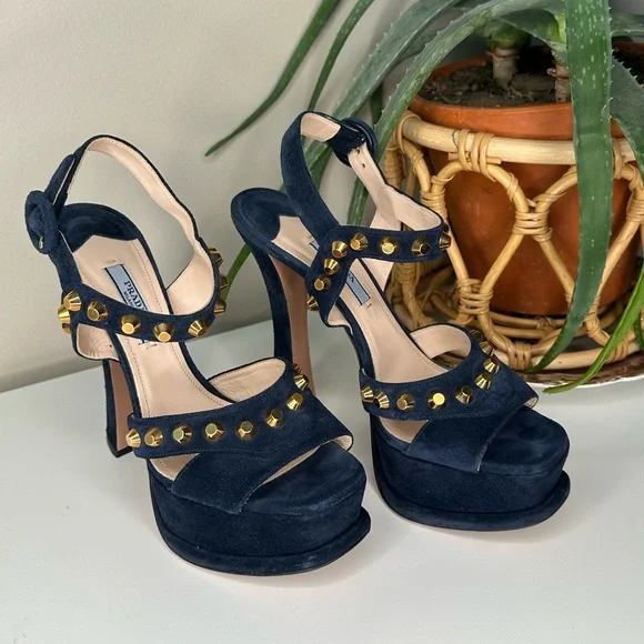 PRADA Navy Blue Suede Gold Stud Platform Sandals Heels 37.5 Italy - Picture 2 of 13